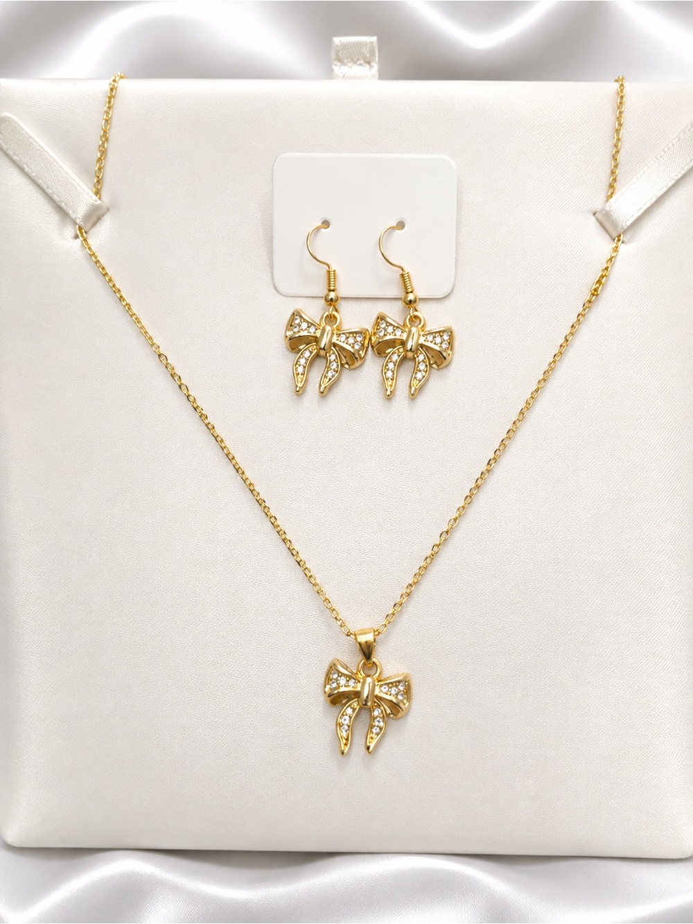 Gold Bow Pendant Necklace and Earring Set - Elegant Women Jewelry